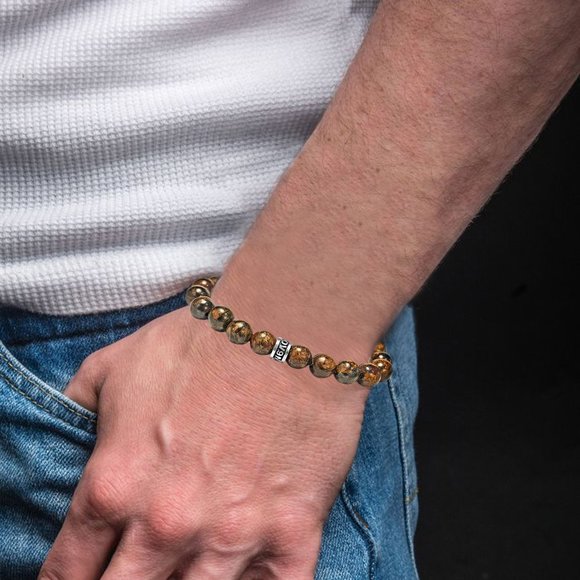 NOV9M®️ 925 Sterling Silver Bronzite Beads Men’s Stretch Bracelet - Picture 5 of 5